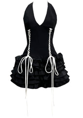 Halter Lace Up Detail Ruffle Dress Black