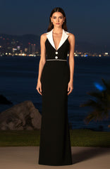 Halter Lapel Collar Maxi Dress Black White