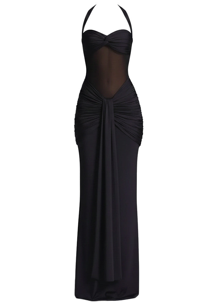Halter Mesh Insert Draped Maxi Dress Black