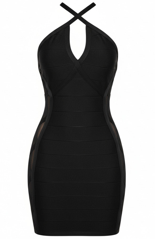 Halter Mesh Insert Dress Black