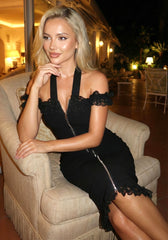 Halter Mesh Ruffle Midi Dress Black