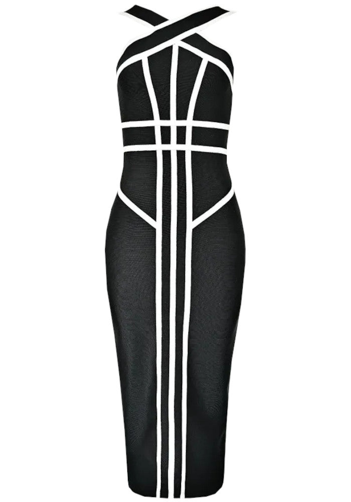 Halter Trim Midi Dress Black White