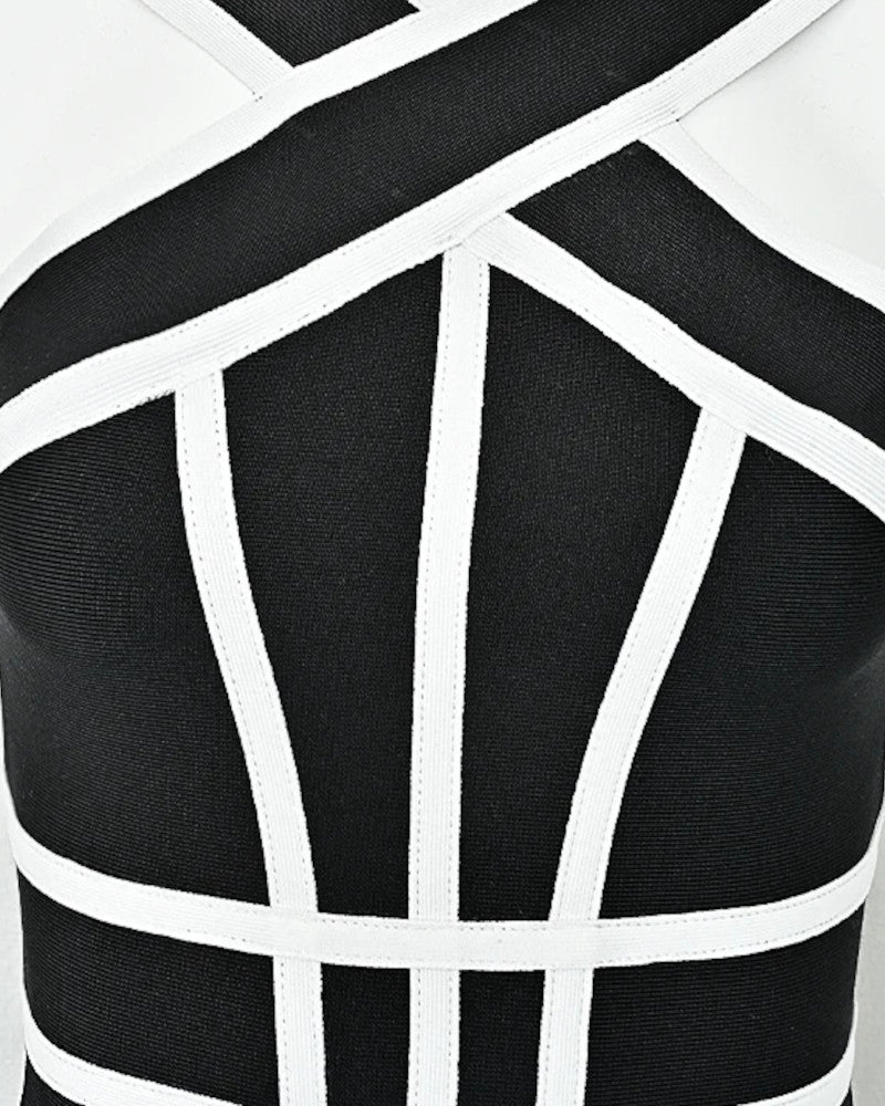 Halter Trim Midi Dress Black White