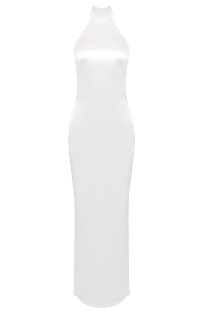 Halter Pearl Detail Backless Maxi Dress White