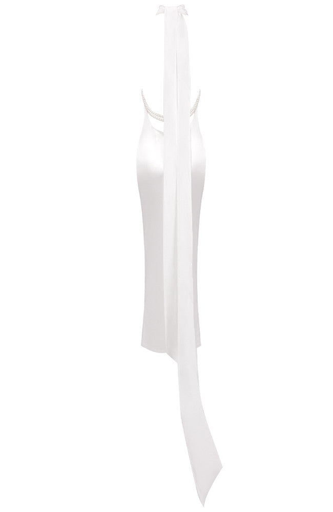 Halter Pearl Backless Maxi Dress White