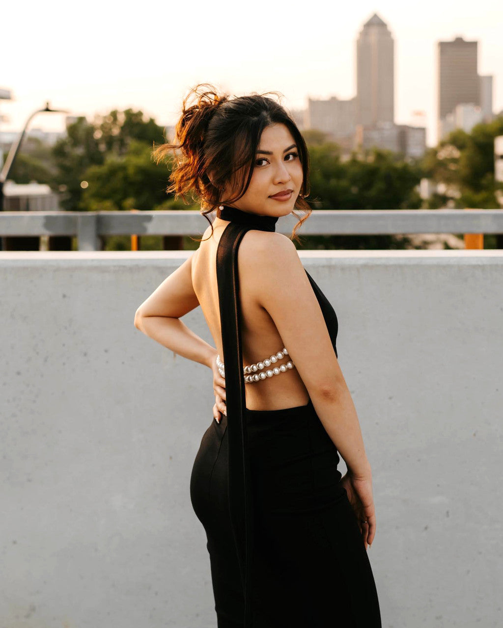 Halter Pearl Detail Backless Maxi Dress Black