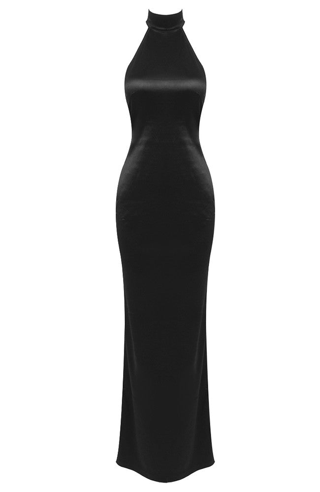 Halter Pearl Detail Backless Maxi Dress Black