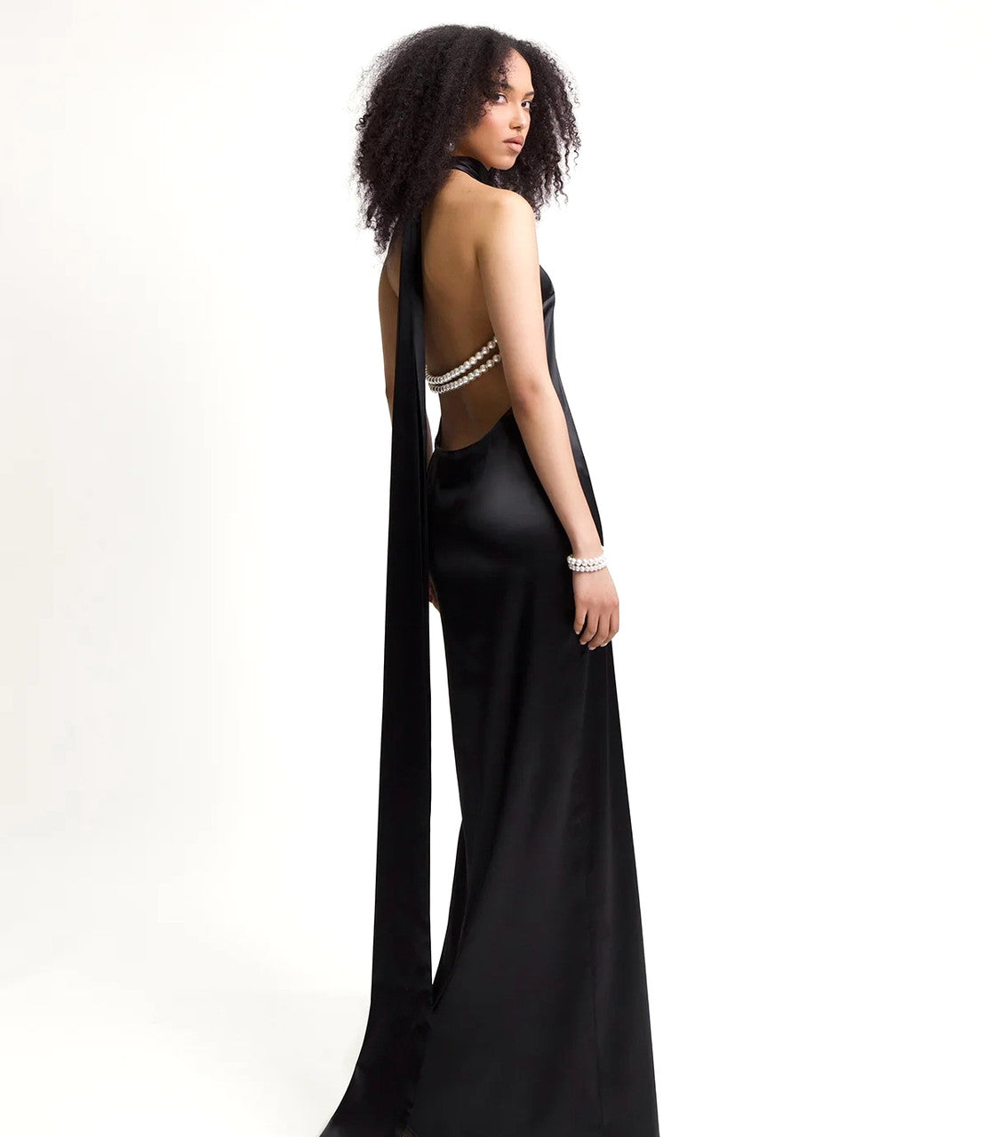Halter Pearl Detail Backless Maxi Dress Black