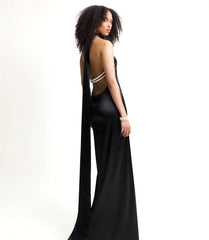 Halter Pearl Detail Backless Maxi Dress Black
