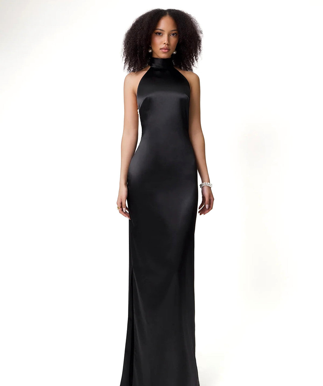 Halter Pearl Detail Backless Maxi Dress Black