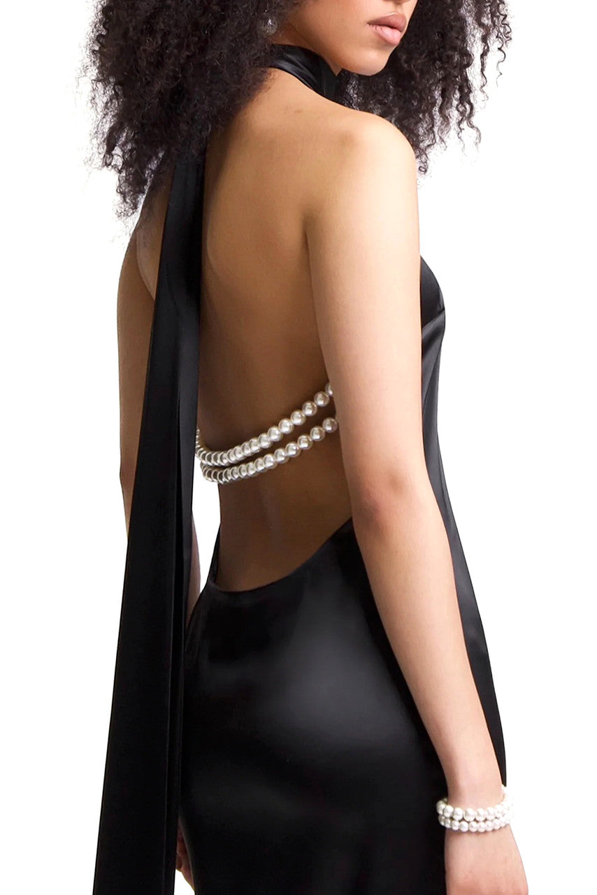 Halter Pearl Detail Backless Maxi Dress Black