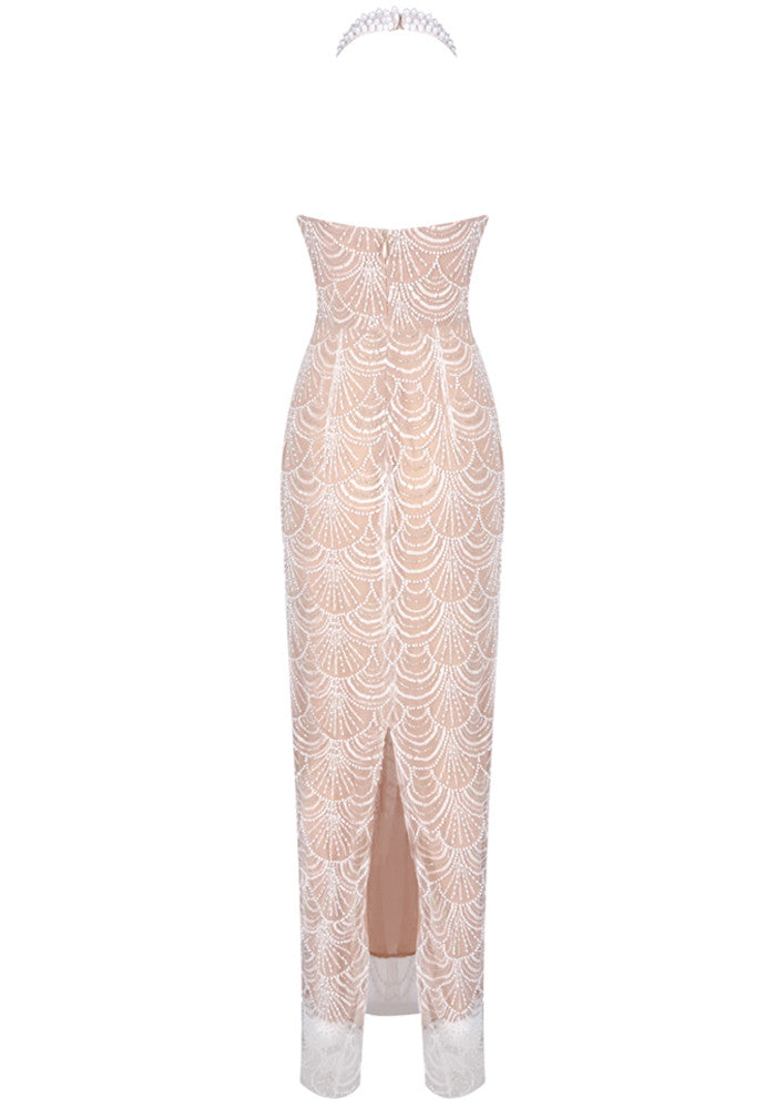 Halter Pearl Maxi Dress Nude
