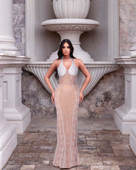 Halter Pearl Maxi Dress Nude