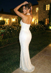 Halter Pearl Detail Sequin Maxi Dress White