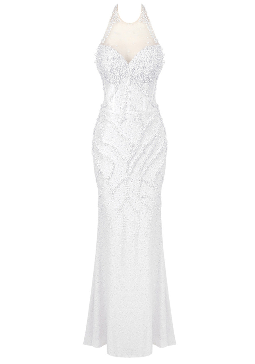 Halter Pearl Detail Sequin Maxi Dress White