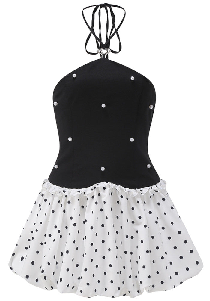 Halter Pearl Polka Dots Puff Dress Black White