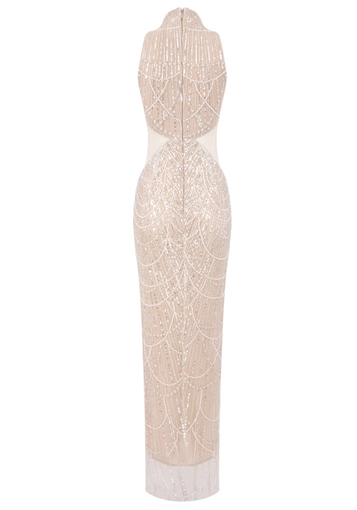 Halter Pearl Sequin Maxi Dress Nude