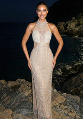 Halter Pearl Sequin Maxi Dress Nude