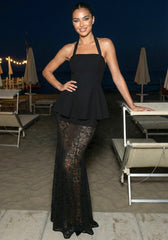 Halter Peplum Lace Two Piece Maxi Dress Black