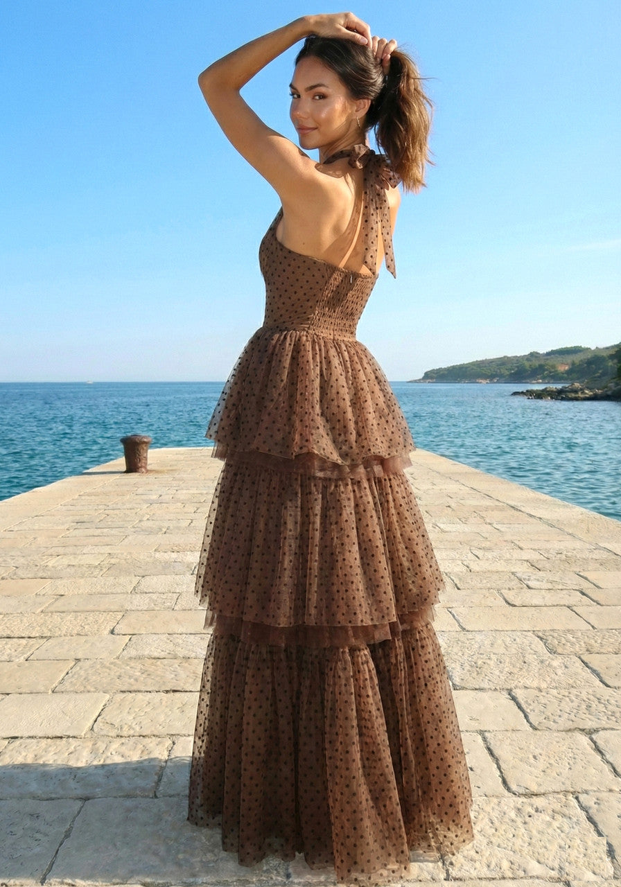 Halter Polka Dot Ruffle Maxi Dress Brown