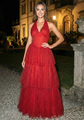 Halter Polka Dot Ruffle Maxi Dress Red