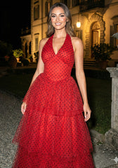 Halter Polka Dot Ruffle Maxi Dress Red