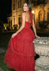 Halter Polka Dot Ruffle Maxi Dress Red