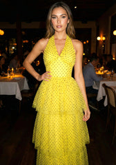 Halter Polka Dot Ruffle Maxi Dress Yellow