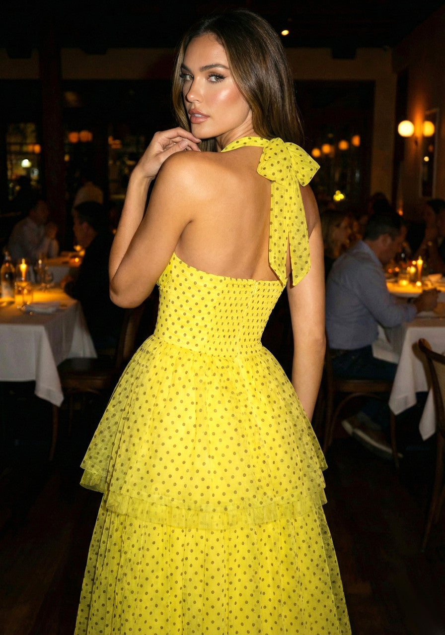 Halter Polka Dot Ruffle Maxi Dress Yellow