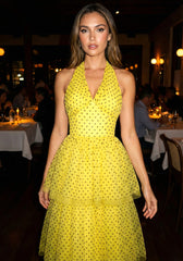 Halter Polka Dot Ruffle Maxi Dress Yellow