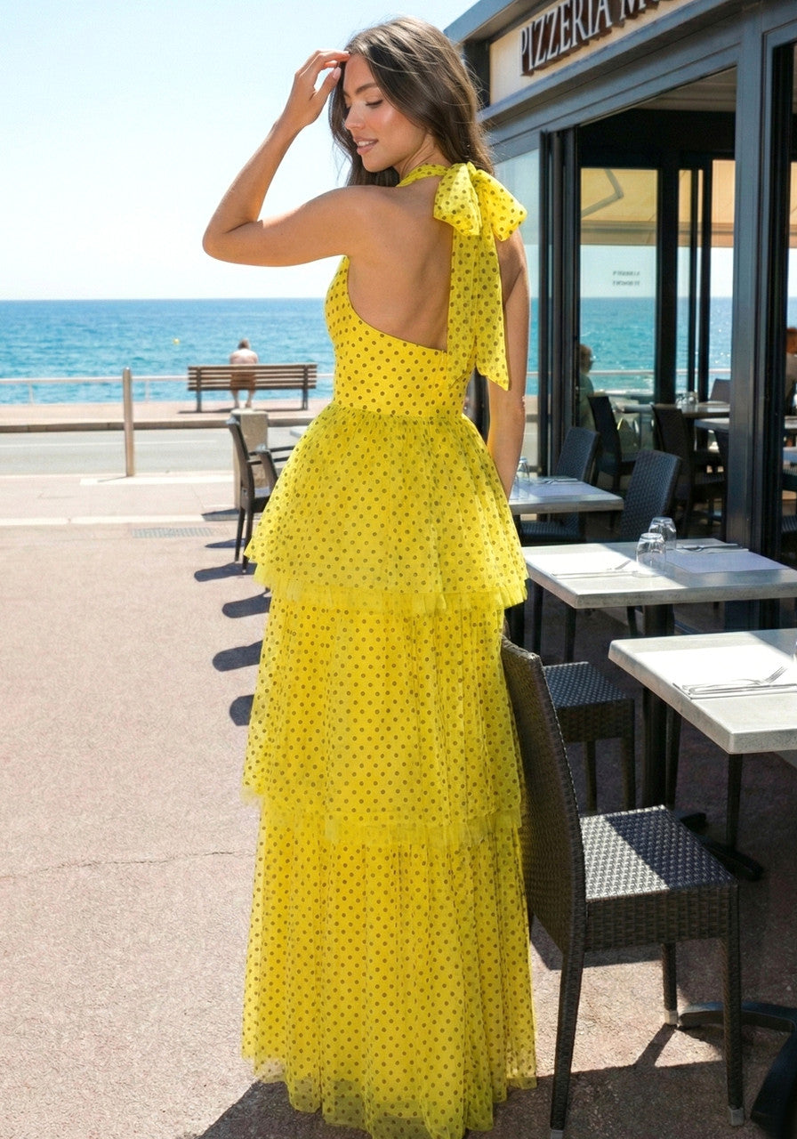 Halter Polka Dot Ruffle Maxi Dress Yellow