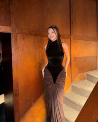 Halter Draped Maxi Velvet Dress Black Brown