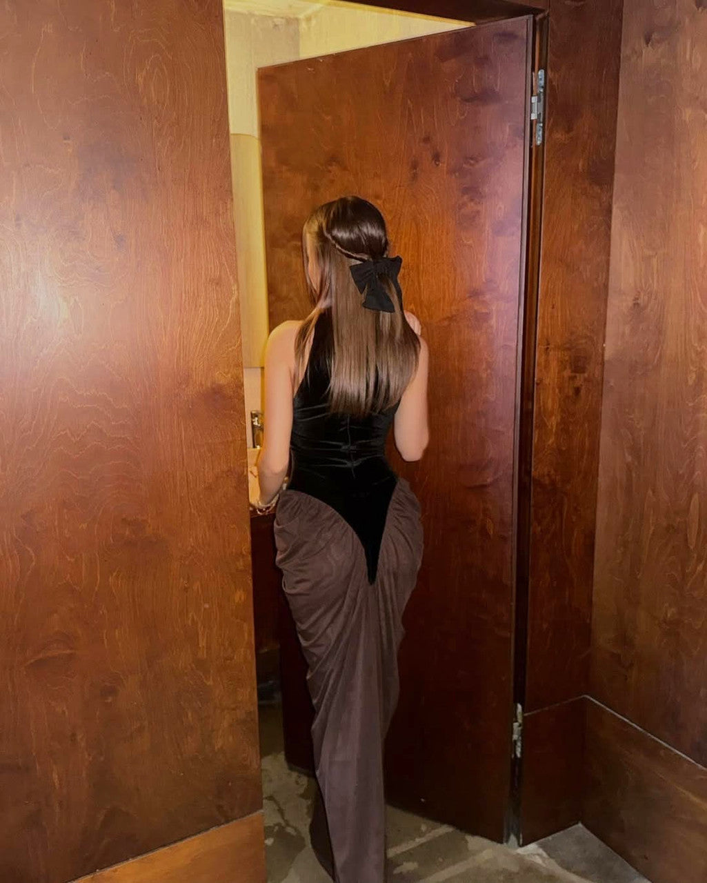 Halter Draped Maxi Velvet Dress Black Brown