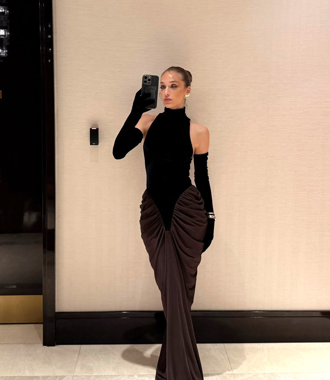 Halter Draped Maxi Velvet Dress Black Brown