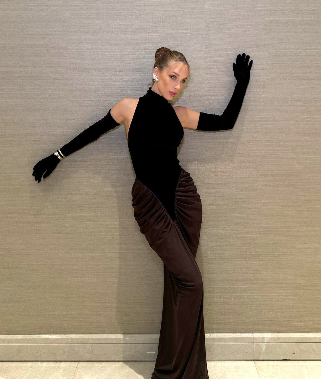 Halter Draped Maxi Velvet Dress Black Brown