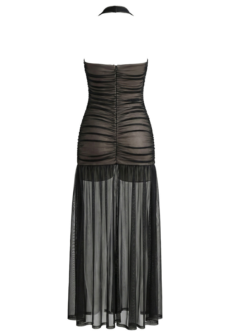 Halter Ruched Mesh Maxi Dress Black