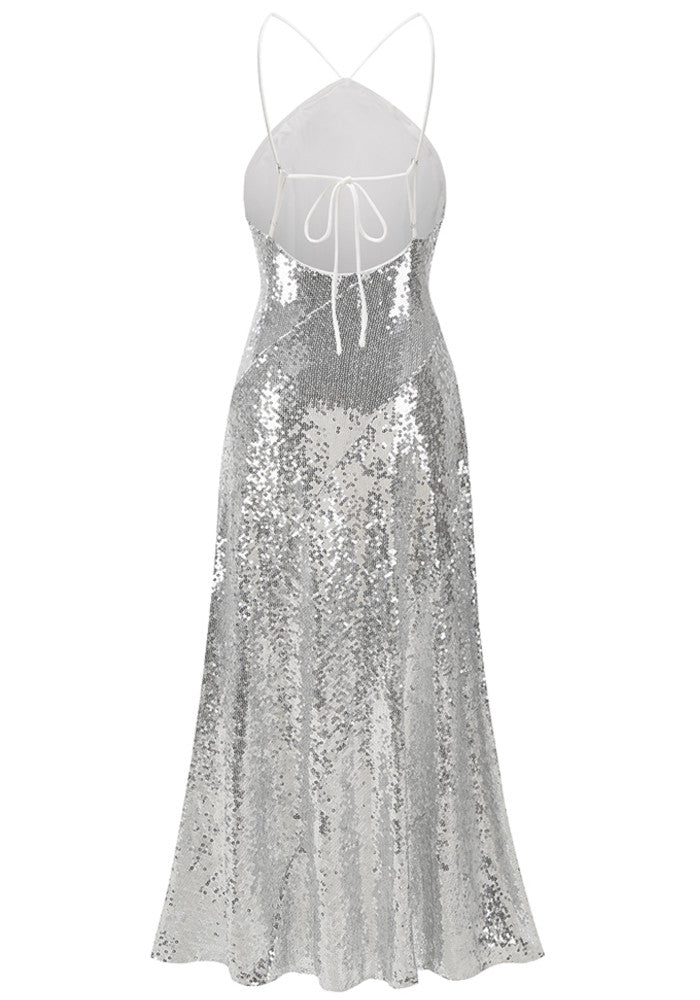Halter Ruffle Detail Sequin Maxi Dress Silver