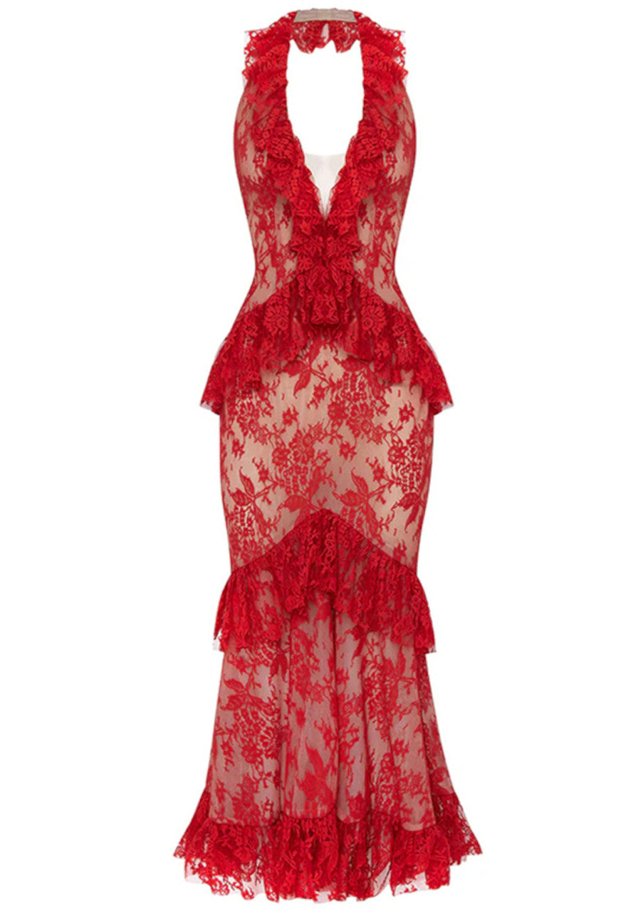 Halter Ruffle Lace Midi Dress Red