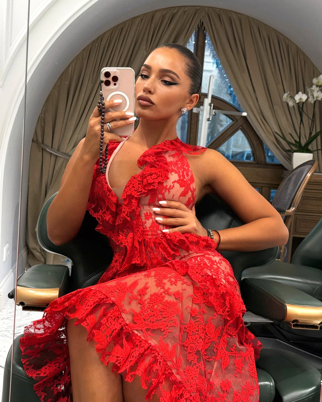 Halter Ruffle Lace Midi Dress Red