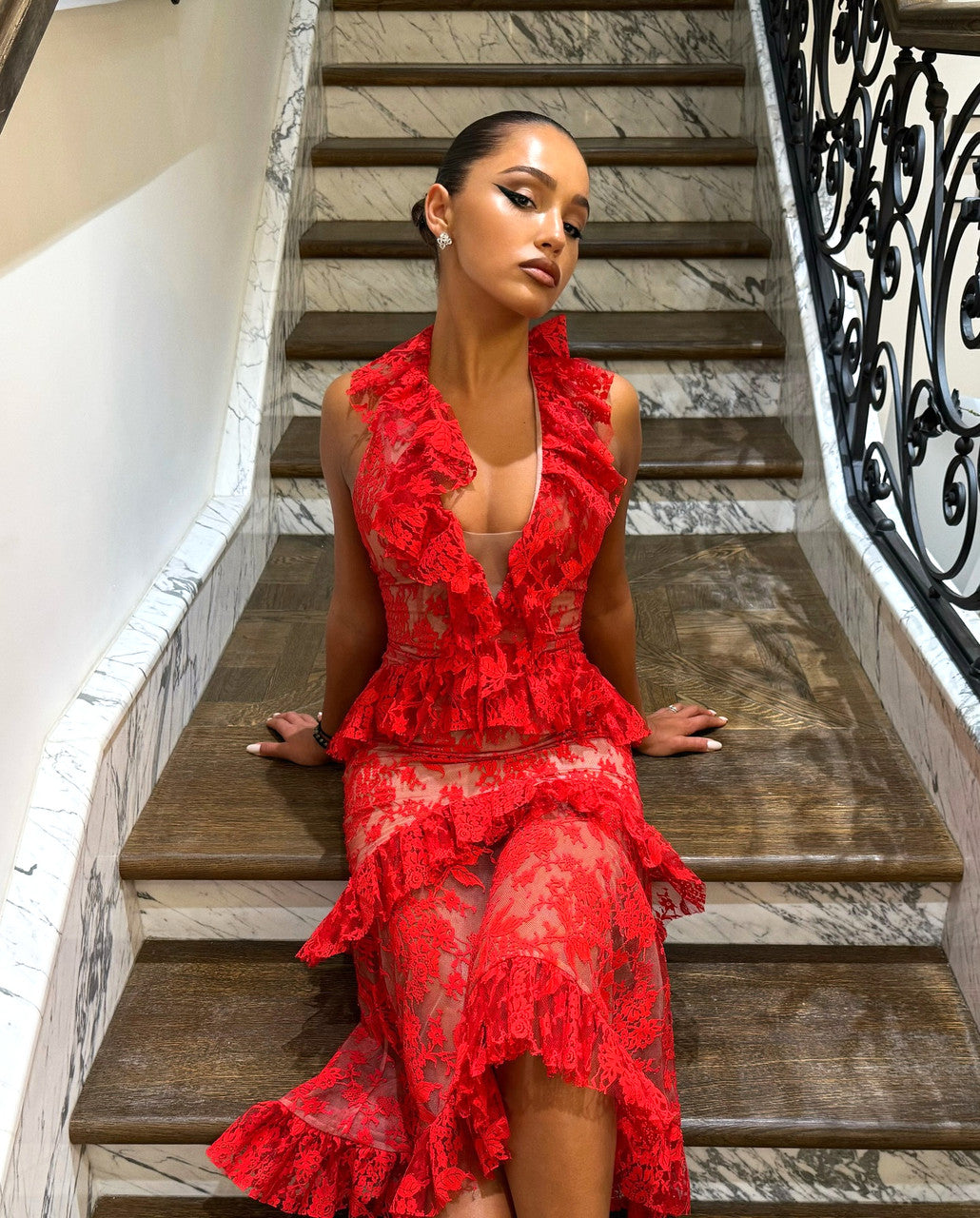 Halter Ruffle Lace Midi Dress Red