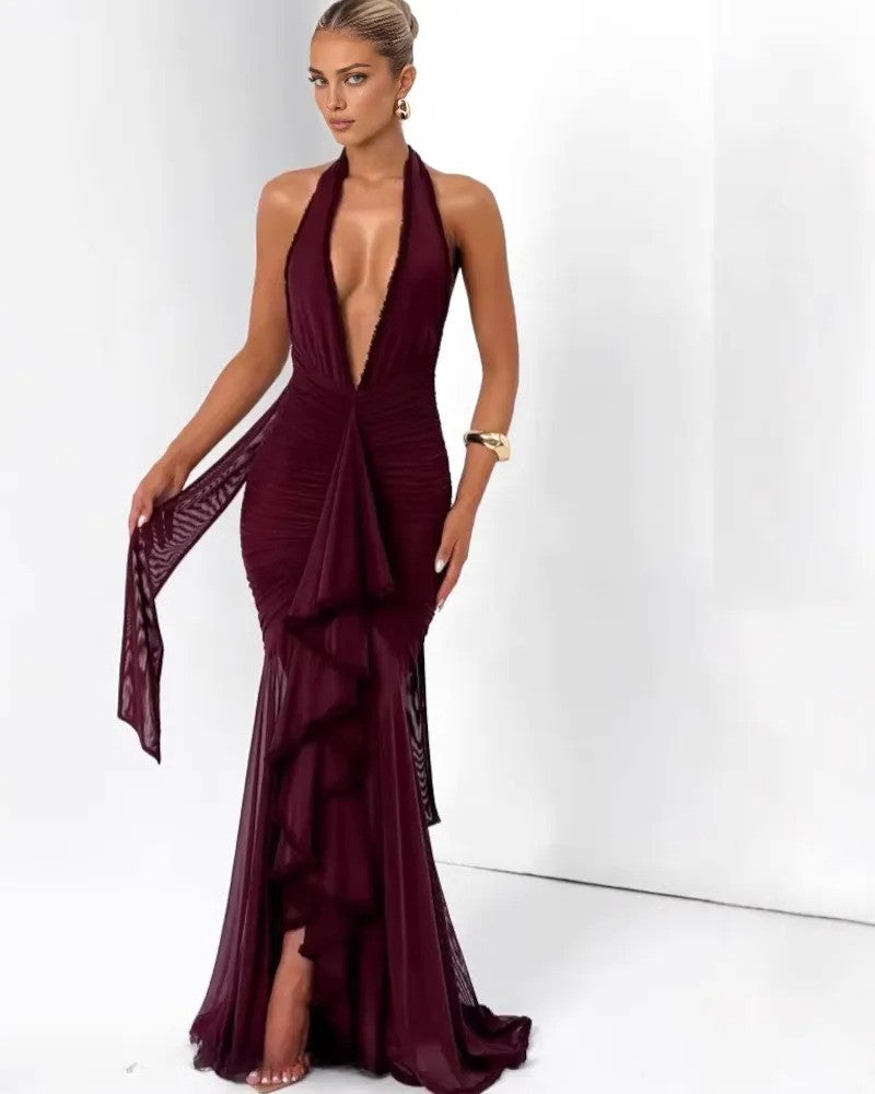 Halter Plunge Ruffle Maxi Dress Burgundy