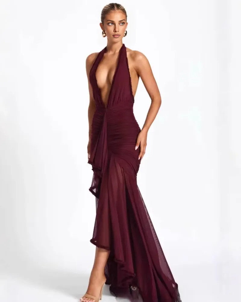 Halter Plunge Ruffle Maxi Dress Burgundy