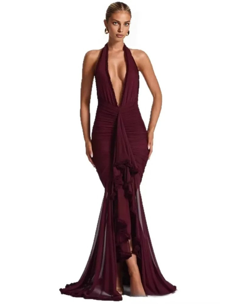 Halter Plunge Ruffle Maxi Dress Burgundy