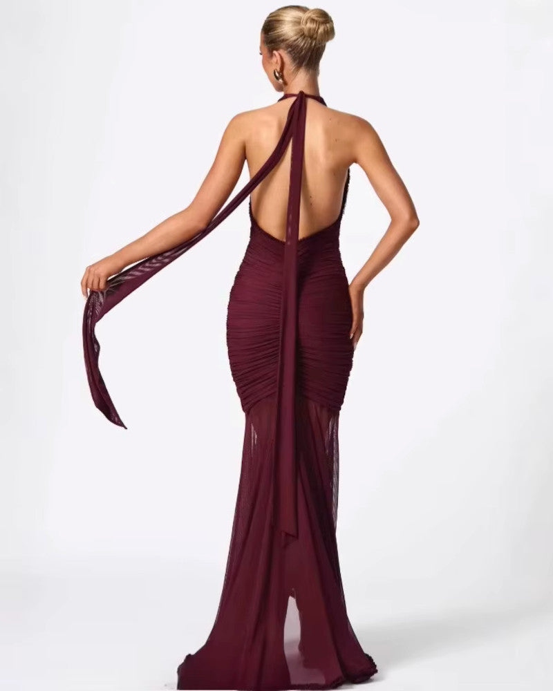 Halter Plunge Ruffle Maxi Dress Burgundy
