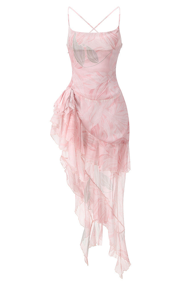 Printed Ruffle Asymmetric Maxi Dress Pink