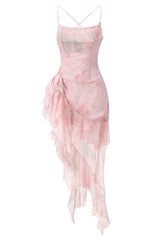 Printed Ruffle Asymmetric Maxi Dress Pink