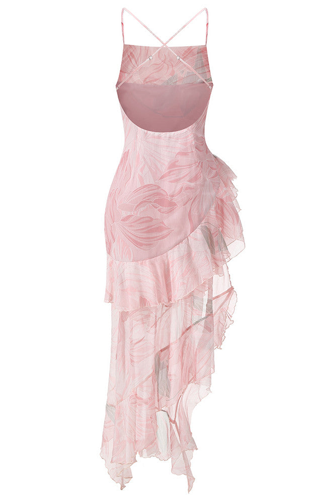 Printed Ruffle Asymmetric Maxi Dress Pink