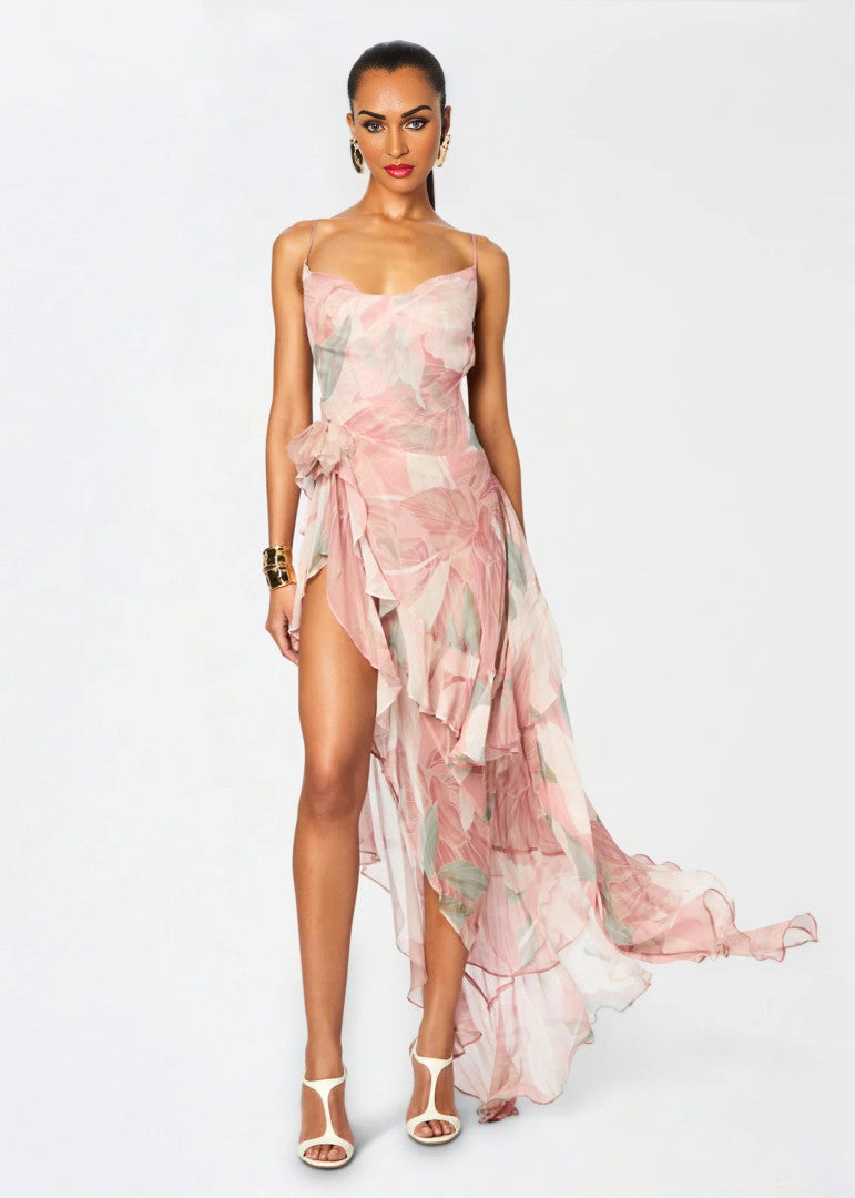 Printed Ruffle Asymmetric Maxi Dress Pink