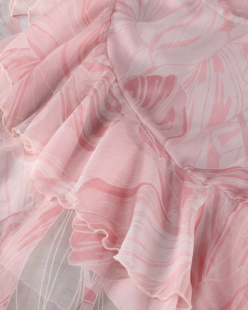 Printed Ruffle Asymmetric Maxi Dress Pink
