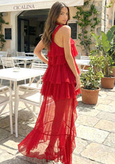 Halter Floral Ruffle Maxi Dress Red